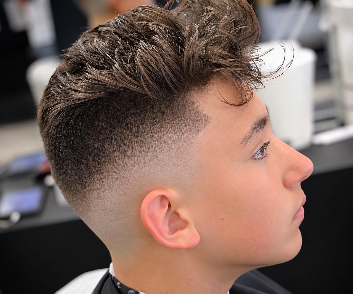 Jeune client avec un dégradé et des cheveux texturés sur le dessus