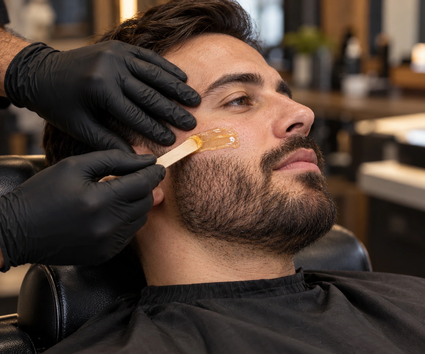 Application de cire sur la joue d’un homme, au-dessus de la ligne de barbe