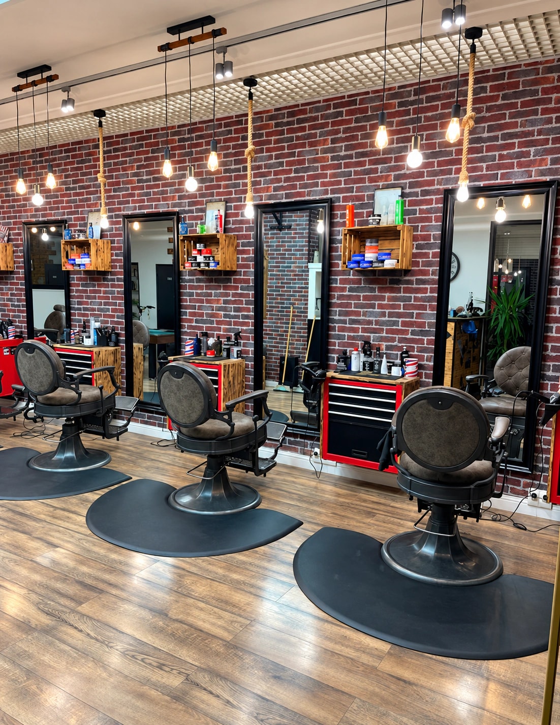 La salle du Barbier RoyalMK : mur de brique rouge, trois fauteuils de barbier et miroirs encadrés de noir.