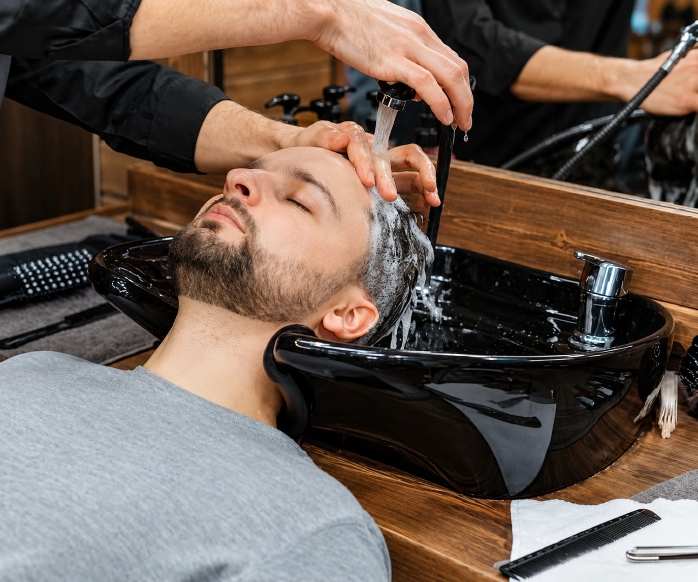 Lavage des cheveux au bac du salon