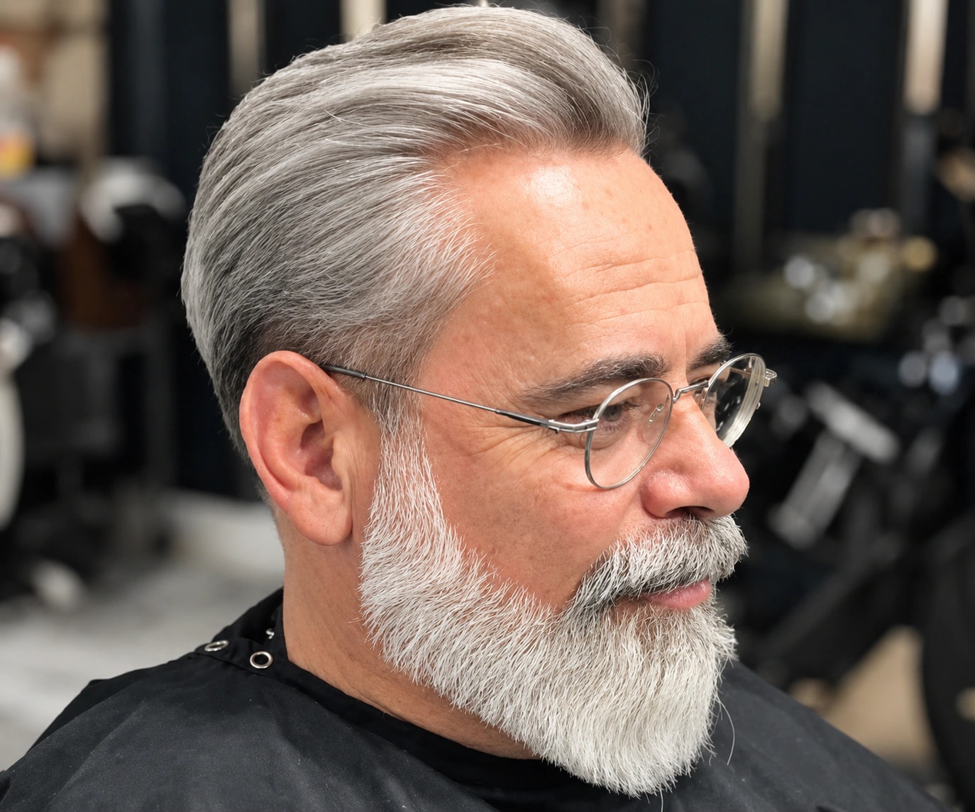 Homme avec les cheveux coiffés et une barbe grise entretenue
